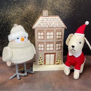 Festive Plush Bird and Dog with House Decor